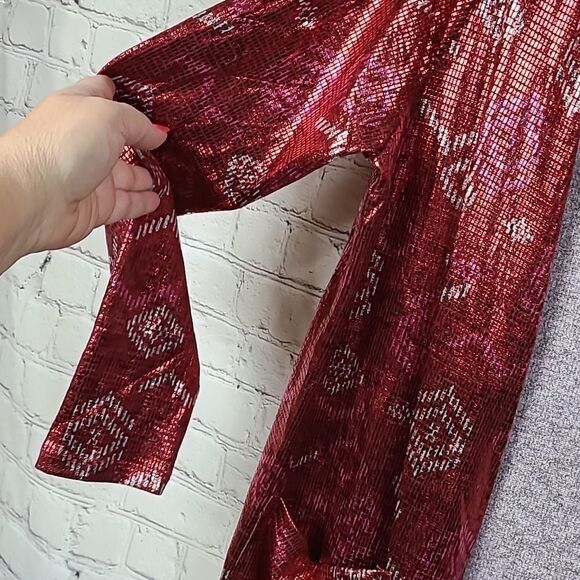 NEW LuLaRoe SARAH Elegant Cardigan Red Foil Metallic Tribal Long Duster Cover Up - Picture 6 of 10